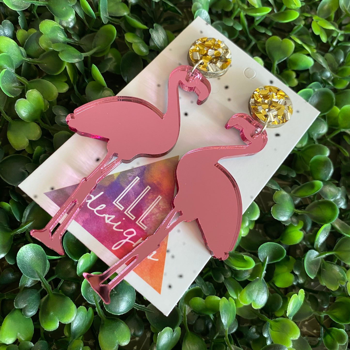 Glamour Flamingo Statement Dangle Earrings. Finished with Silver and Gold Glitz Confetti Tops.