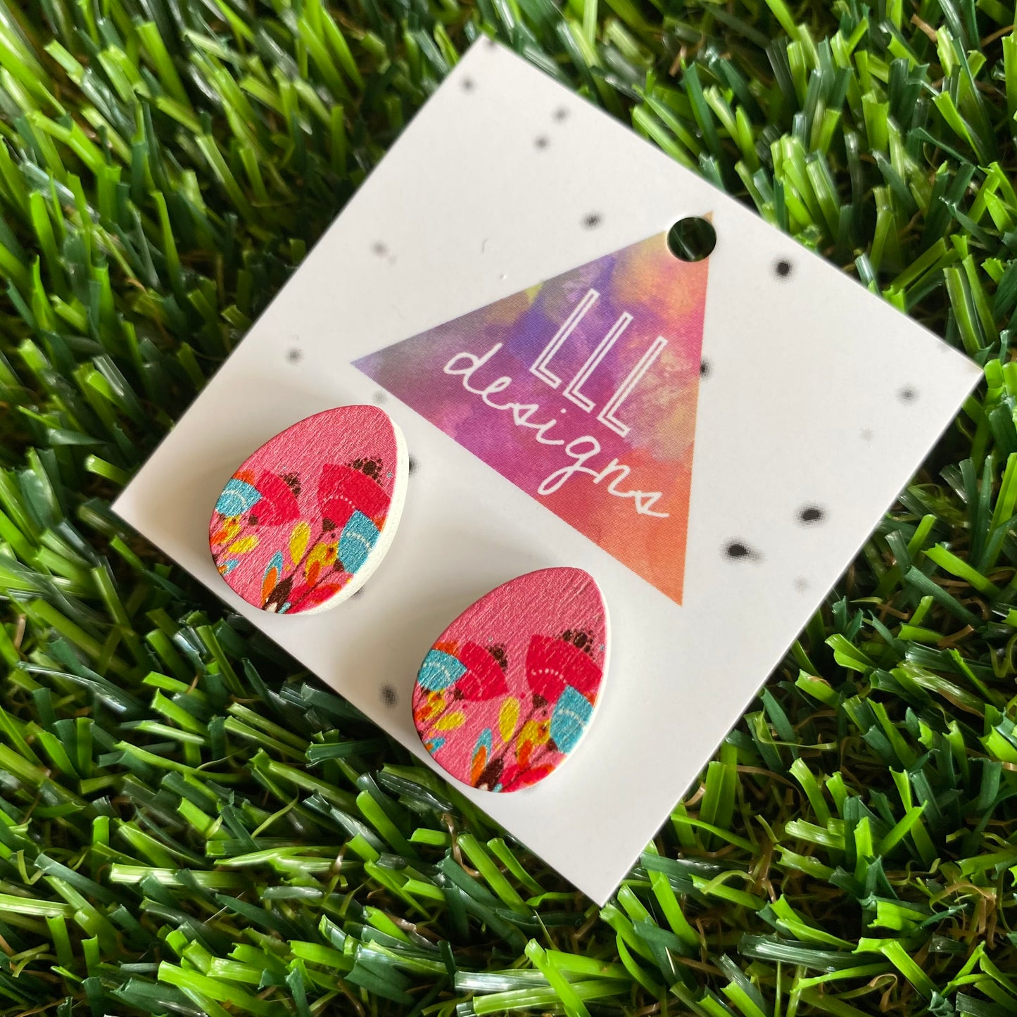 Carnival of Flowers - Printed Tear Drop Timber Stud Earrings.