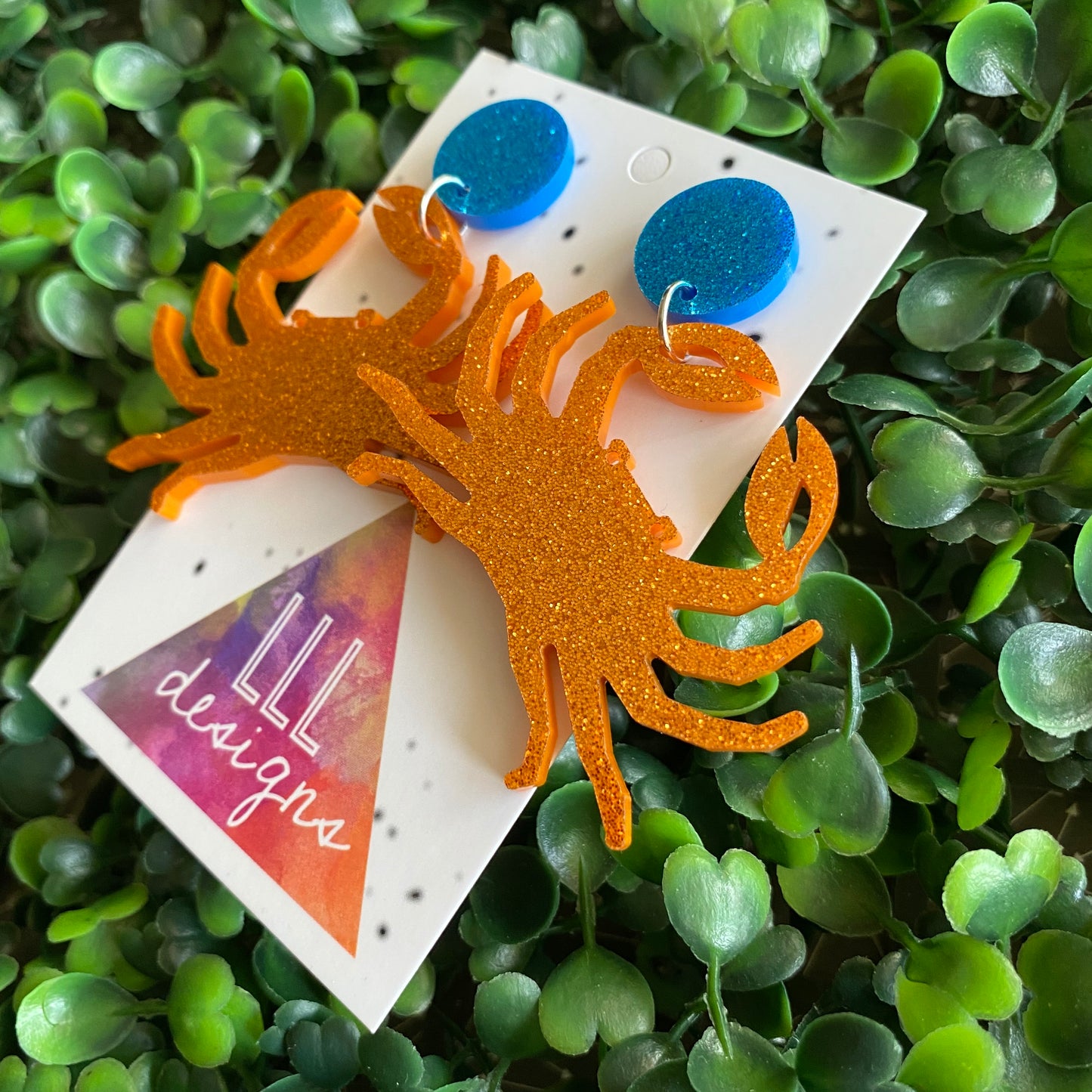 Crab Earrings. Glitter Orange Crab Statement Dangle Earrings.