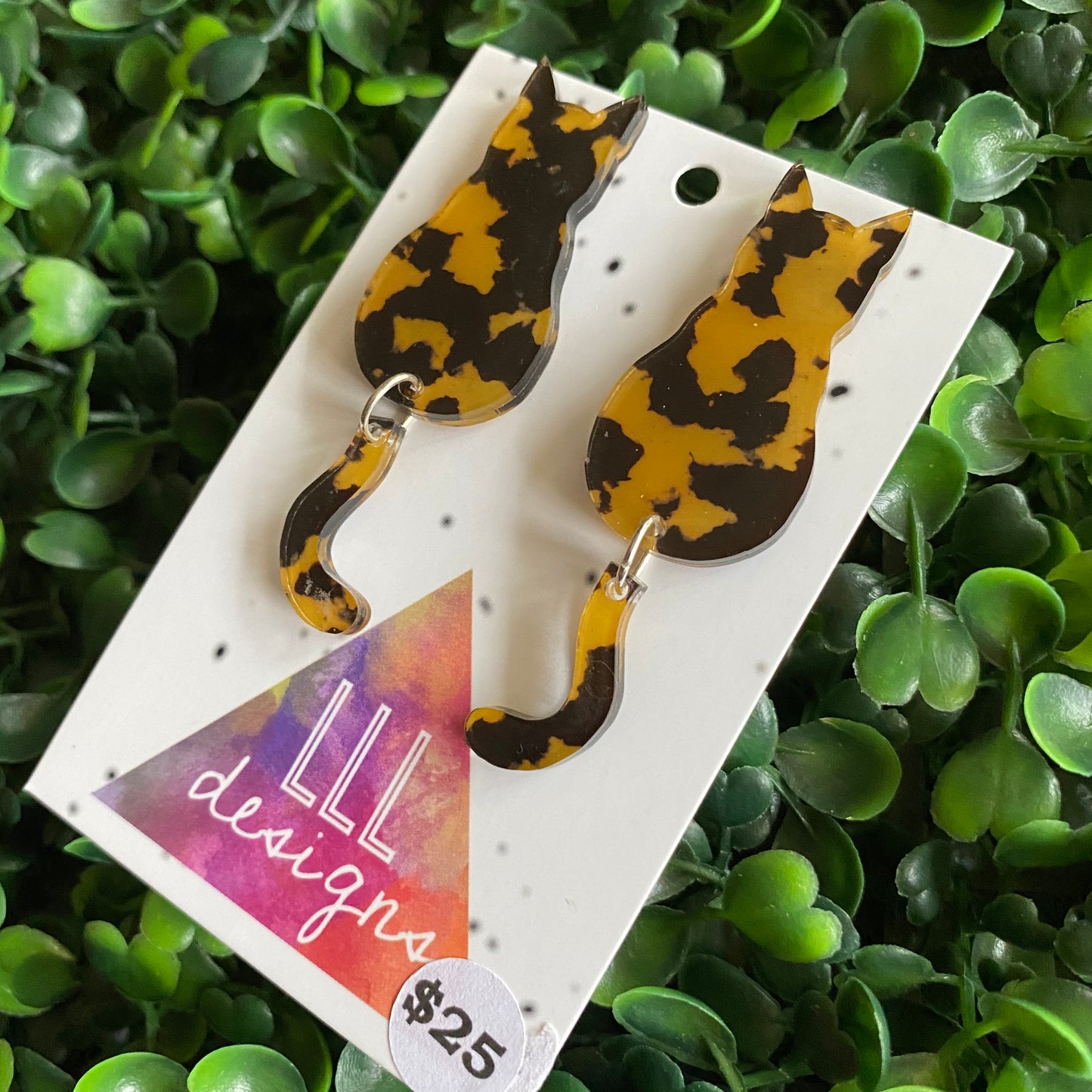 Tortoise Shell Cat Earrings - Sitting Pretty Kitty Earrings with Dangle Tails (large)
