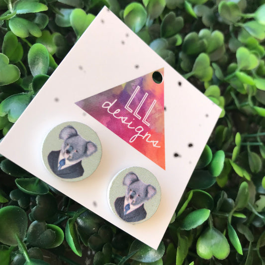 Quirky Koala Printed Timber Stud Earrings.