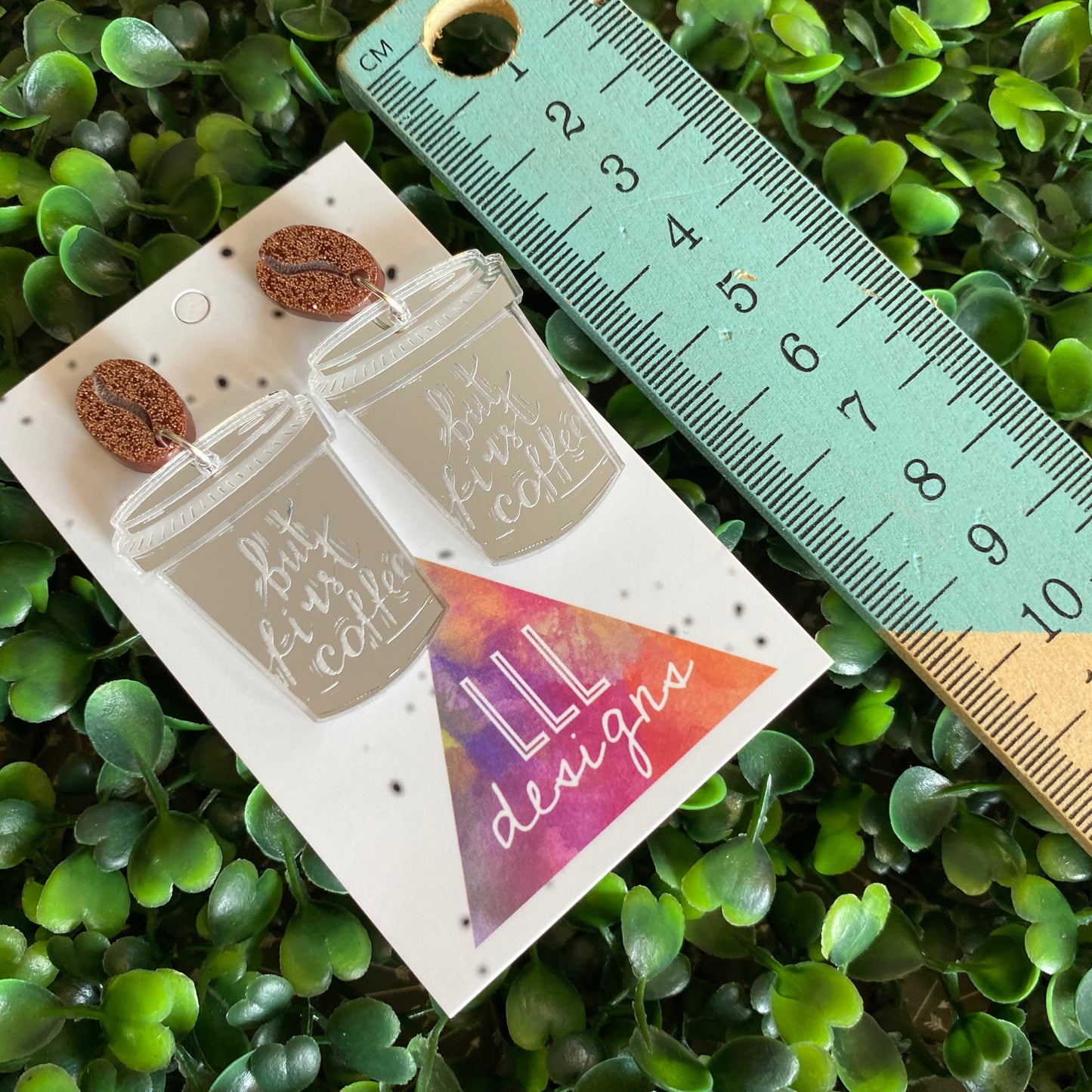 But First Coffee Statement Dangle Earrings Featuring Copper Glitter Coffee Bean Tops to make them POP!