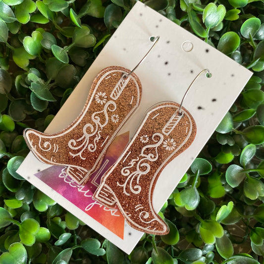 Cowboy Boot Earrings. Acrylic Cowboy Boot Statement Hoop Earrings. Featuring a Reversible Brown to Copper Glitter Piece.