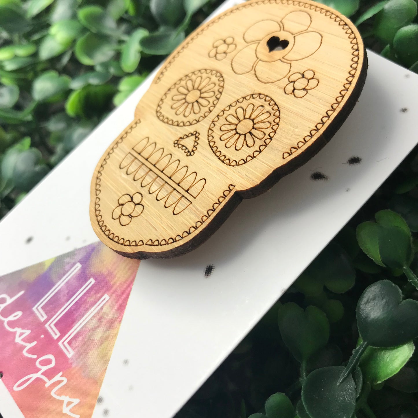 Bamboo Sugar Skull Brooch - Detailed Laser Etched Sugar Skull Badge.