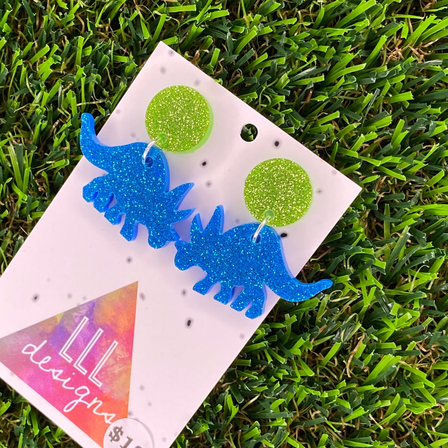 Triceratops Dinosaur Dangle Earrings in Glitter Blue Acrylic