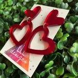 Love Heart - Double Red Mirror Love Heart Statement Dangle Earrings.