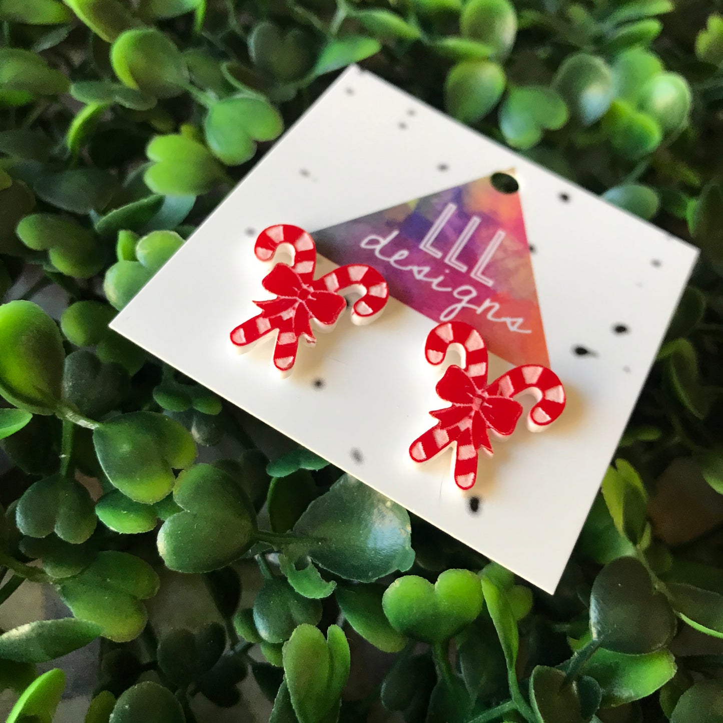 Candy Cane Red and White Stud Earrings with Bow.