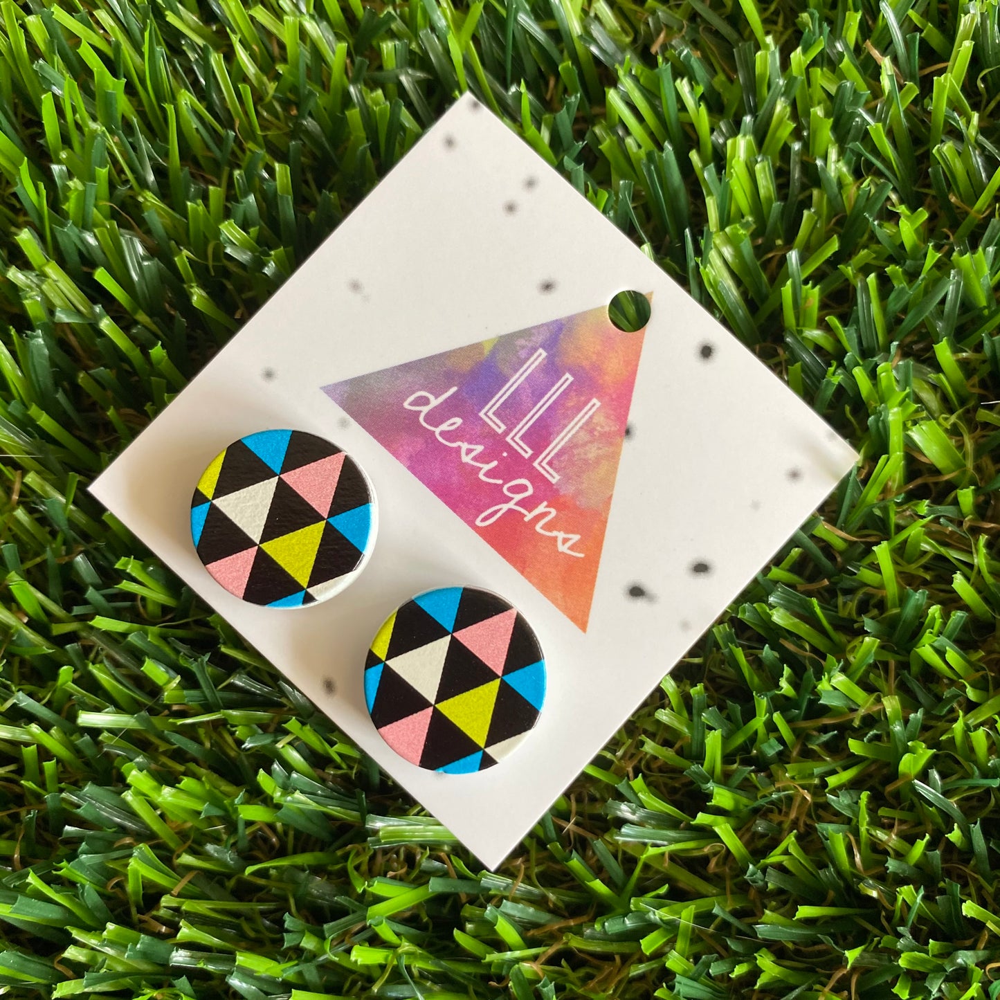 Multi-Coloured Pastel and Black Triangle Geo Printed Timber Stud Earrings.