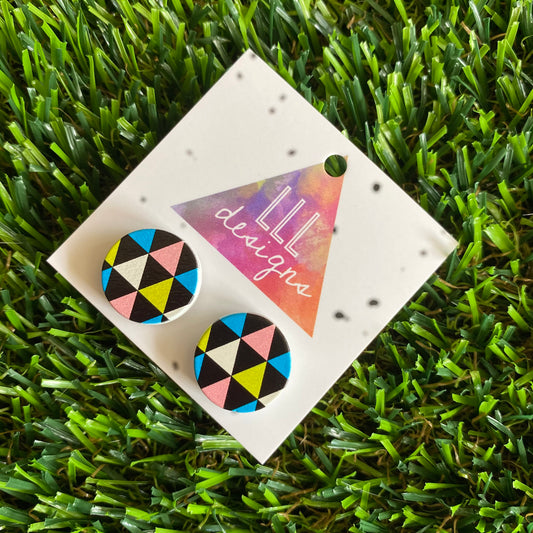 Multi-Coloured Pastel and Black Triangle Geo Printed Timber Stud Earrings.