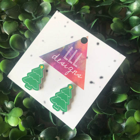 Christmas Tree Stud Earrings with Yellow Star Toppers.