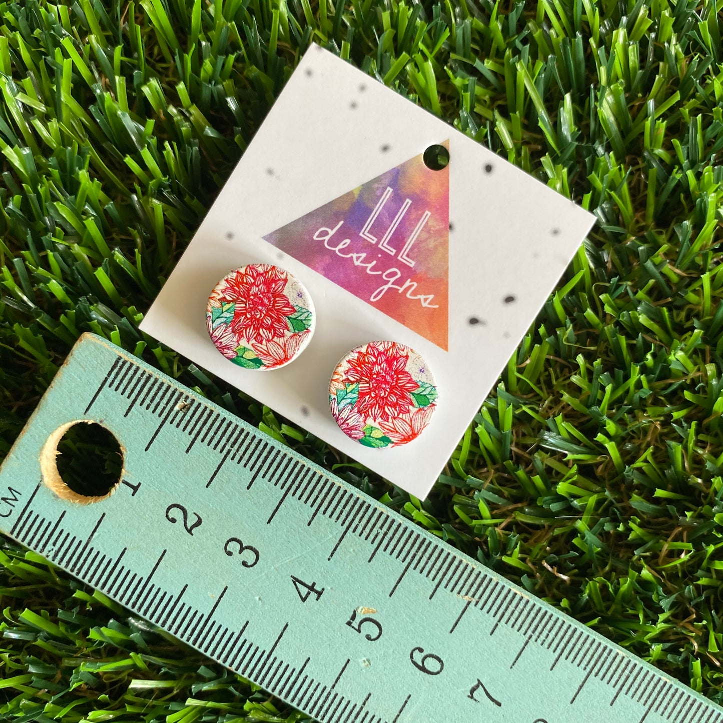 Sketched Red Floral Printed Timber Stud Earrings.