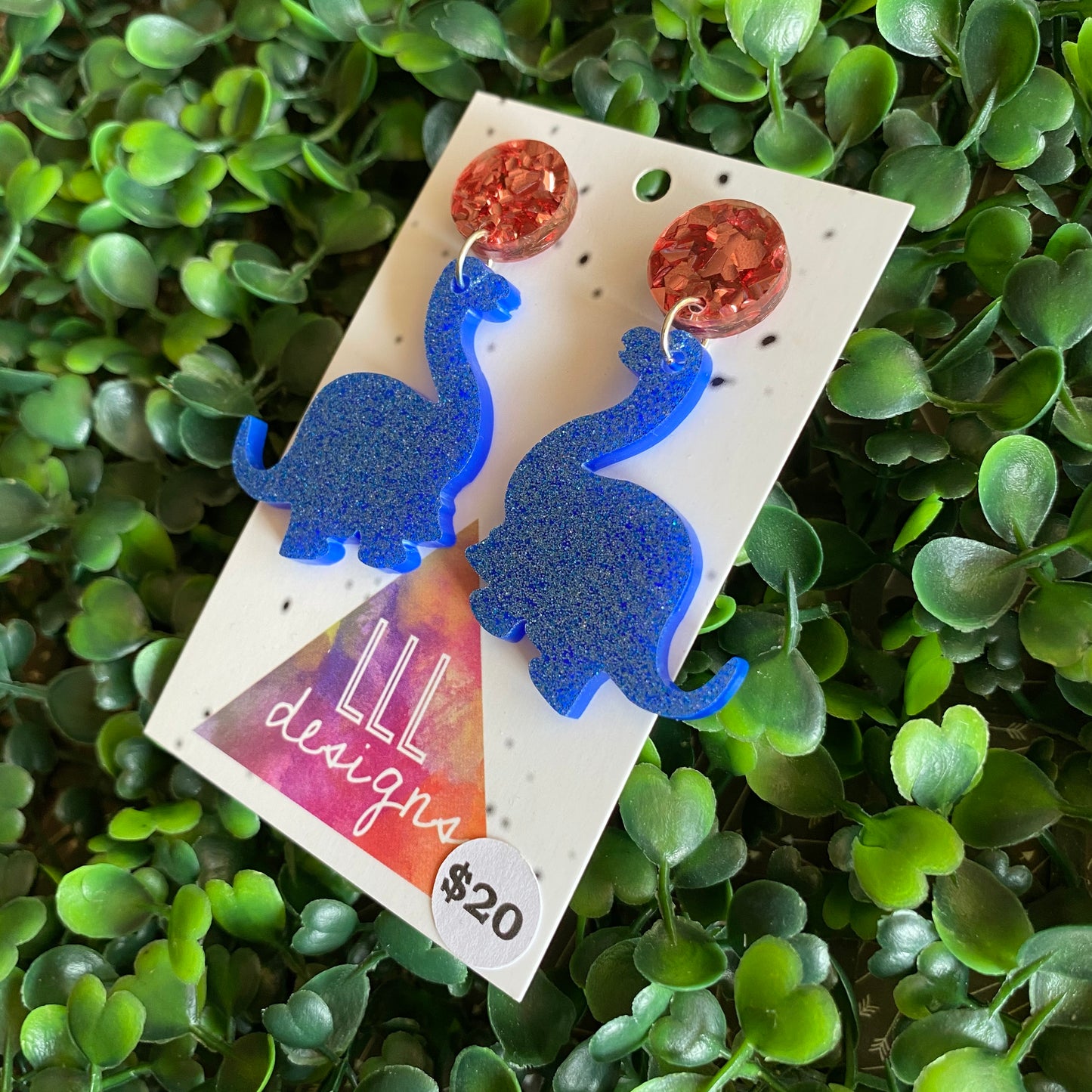 Dinosaour Earrings. Brontosaurus Glitter Blue Statement Dangle Statement Dangle Earrings with Dusty Rose Pink Tops.
