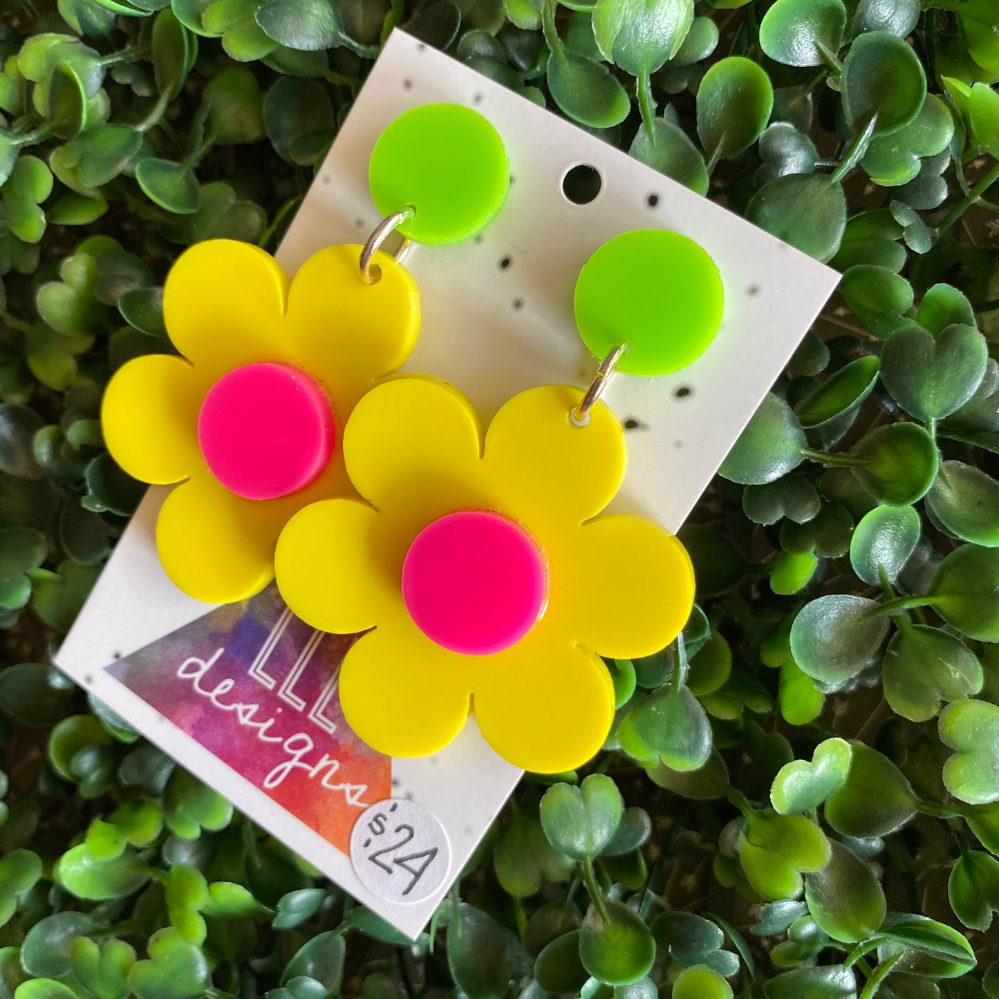 Flower Earrings - Flower Power Statement Dangle Earrings. Fabulous Yellow and Pink Flowers with Green Tops.
