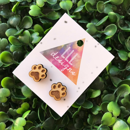 Laser Etched Timber Paw Print Stud Earrings.