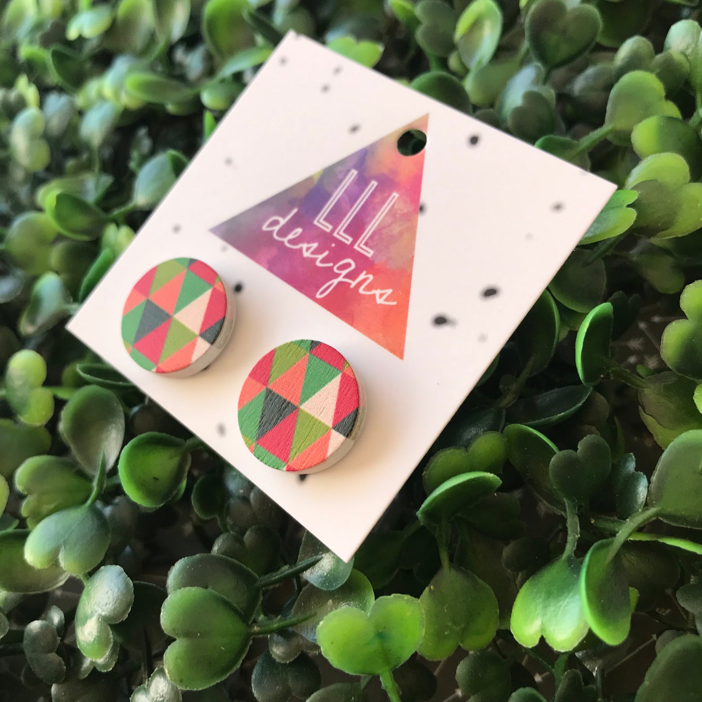 Multi Coloured Geometric Printed Timber Stud Earrings.
