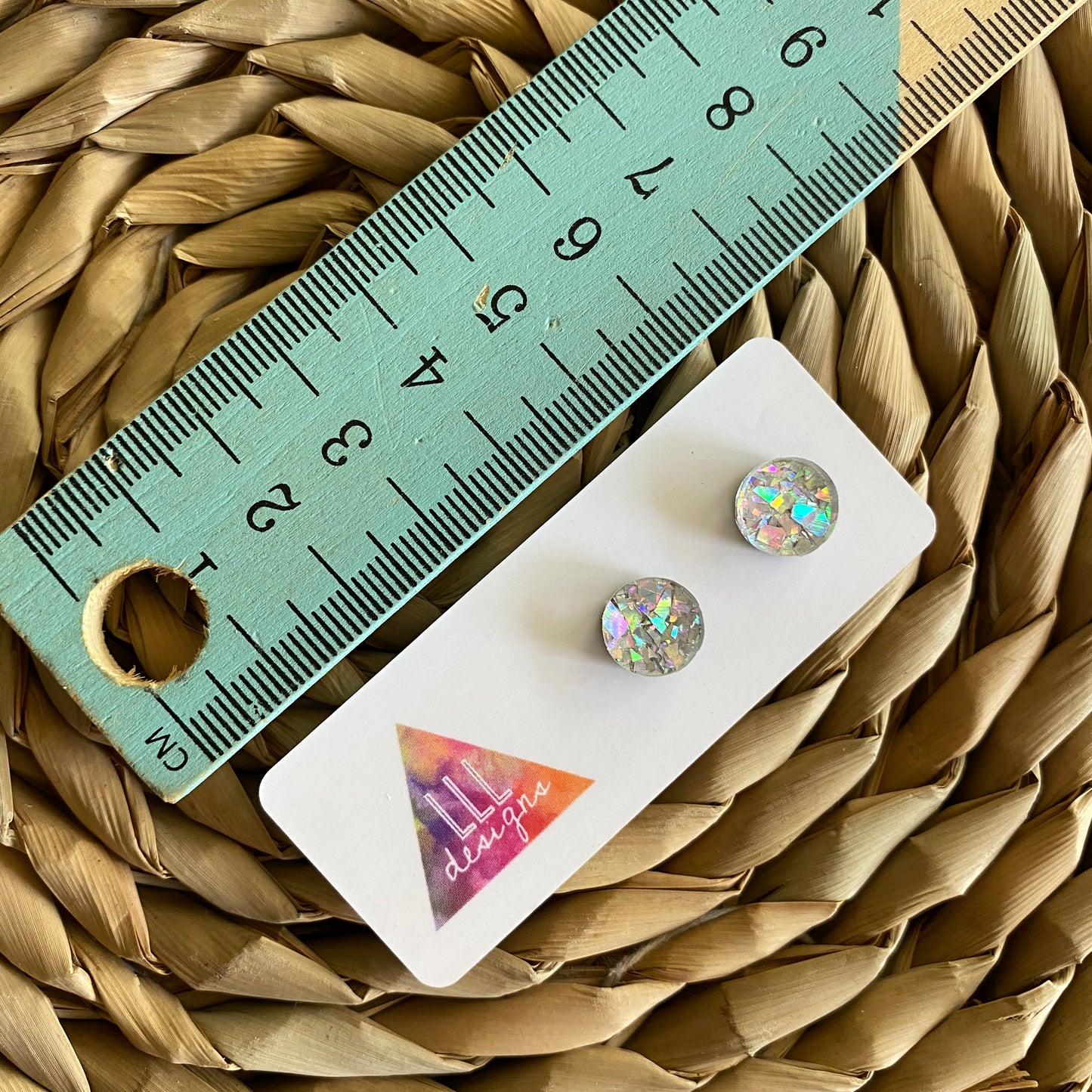 Circle Earrings. Holographic Silver Shatter Circle Stud Earrings.