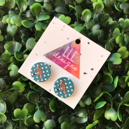 Cute and Quirky Kangaroo Printed Timber Stud Earrings.