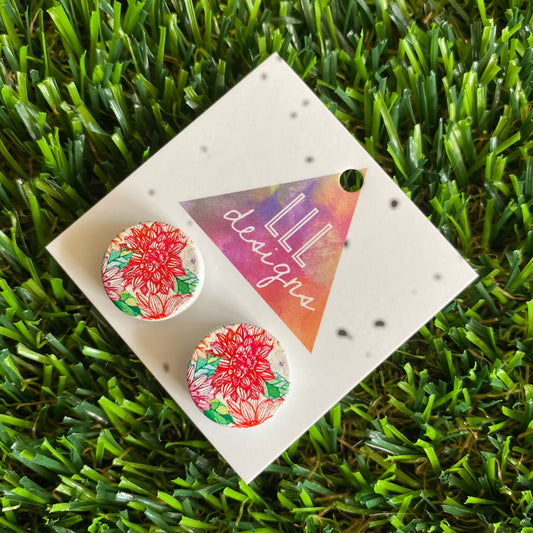 Sketched Red Floral Printed Timber Stud Earrings.