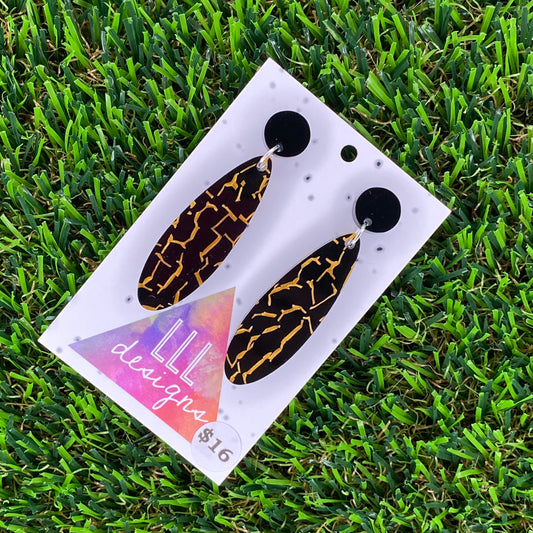 Black and Gold Crackle Oval Dangle Earrings