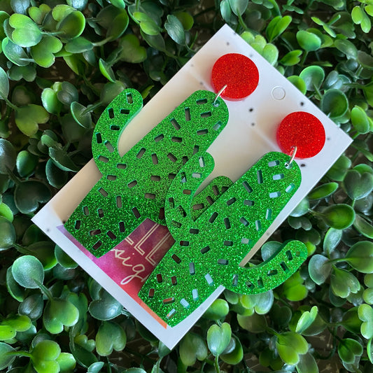 Cactus Statement Dangle Earrings - Mega Cactus Dangles BABY! Red Tops to make them POP!!!