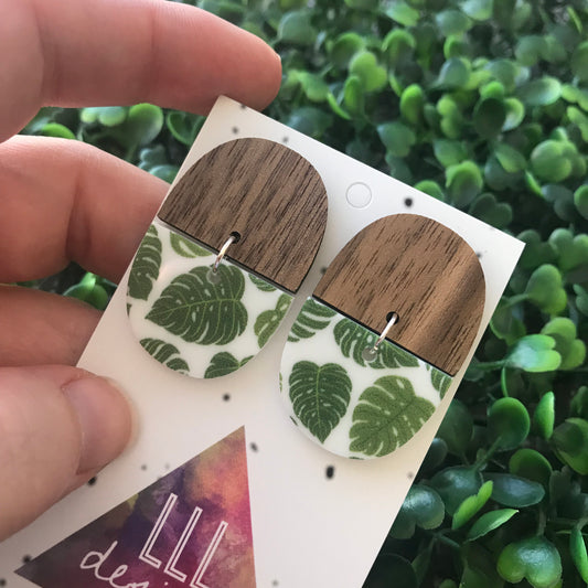 Walnut and Monstera Dangle Earrings. Timber and Acrylic Earrings.