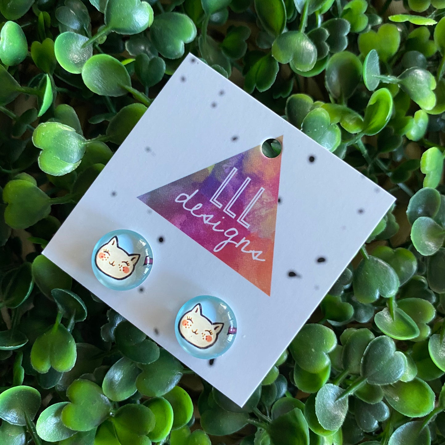 Cat Earrings. Happy Kitty Glass Dome Stud Earrings.