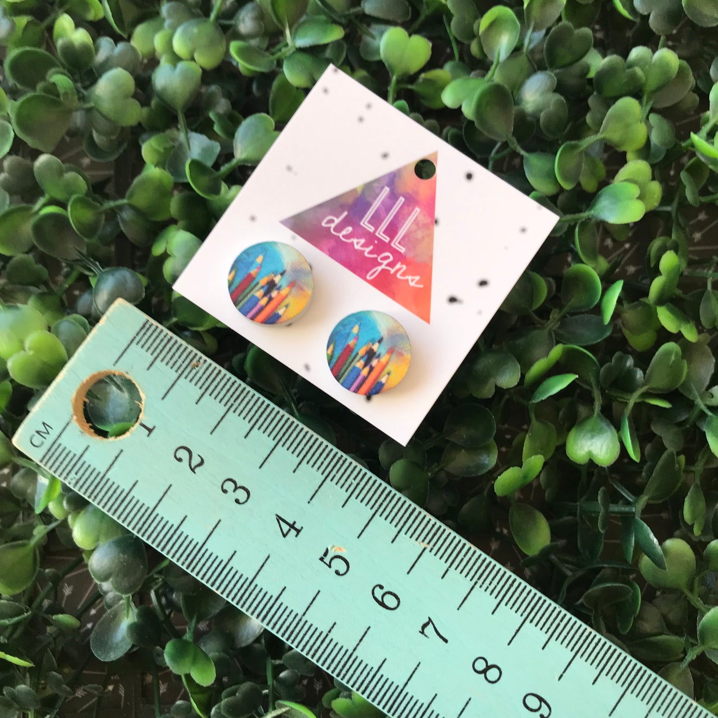 Colouring Pencil Printed Timber Stud Earrings. Teacher Earrings.