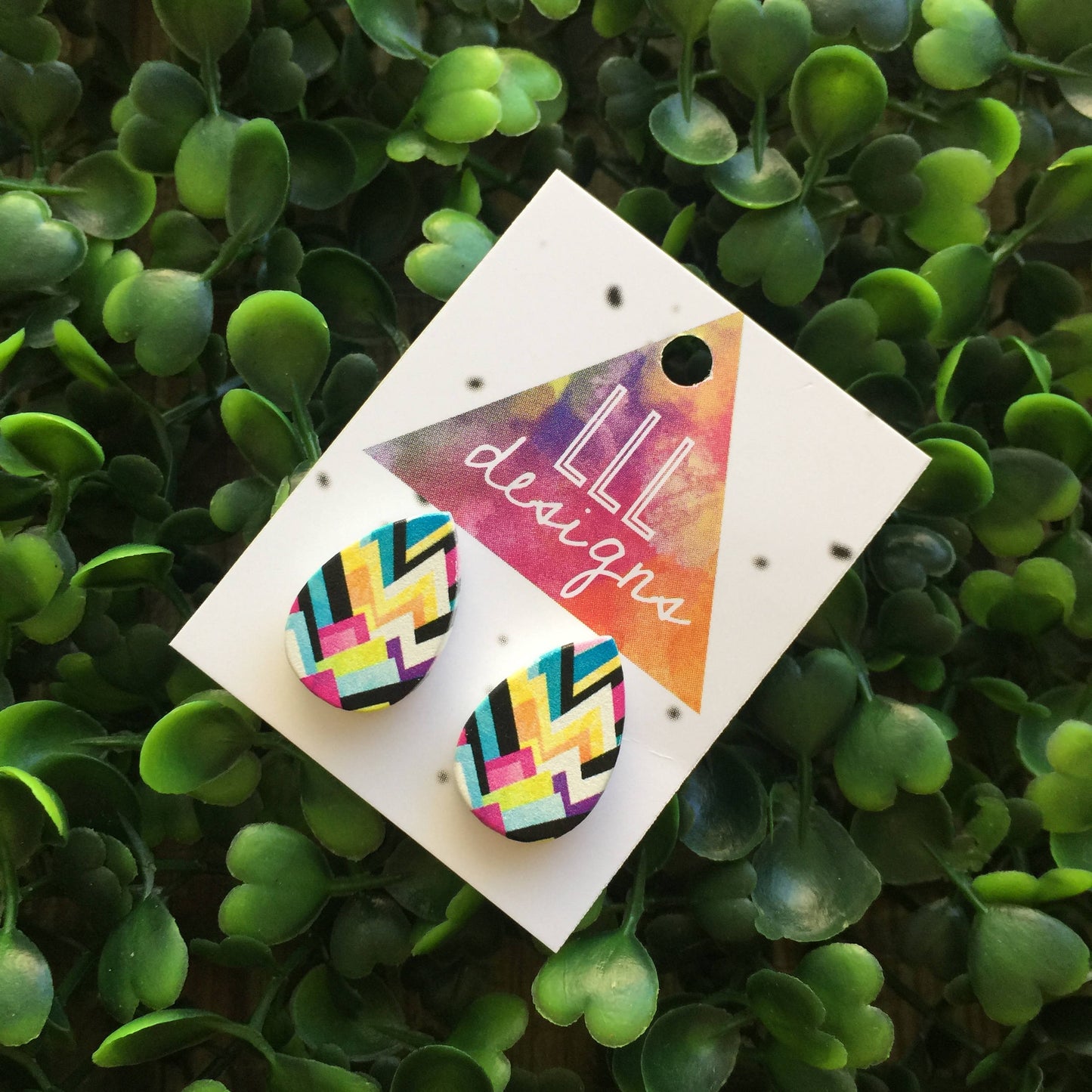 Printed Timber Geometric Tear Drop Studs/Earrings. Geo love. Geo studs. Geo Earrings. Surgical Steel. Handmade in Canberra, Australia.