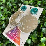 Moon Earring. Dreamy Sleepy Mirror Moon Dangle Earrings in Silver with Stunning Aqua Confetti Acrylic Tops.
