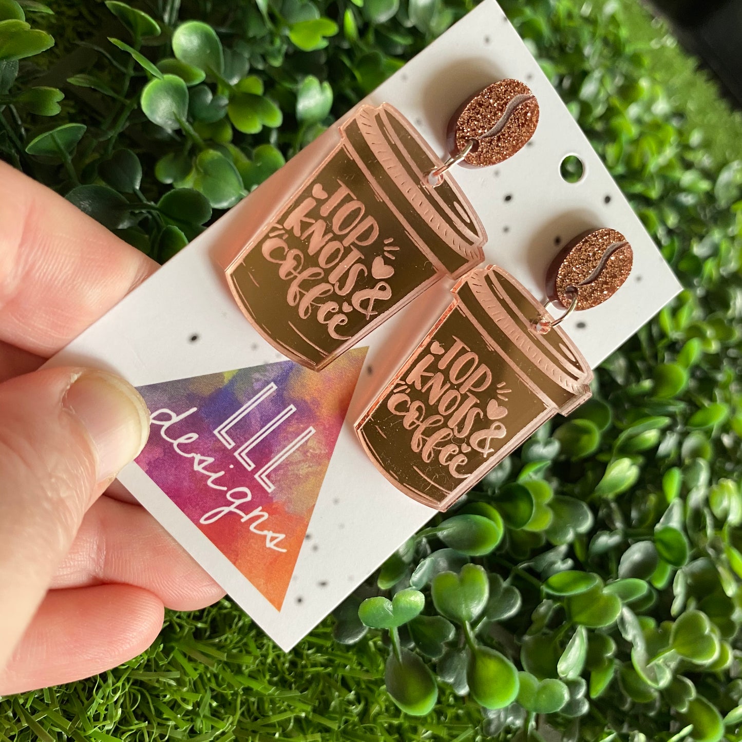 Top Knots & Coffee Statement Dangle Earrings Featuring Copper Glitter Coffee Bean Tops to make them POP!