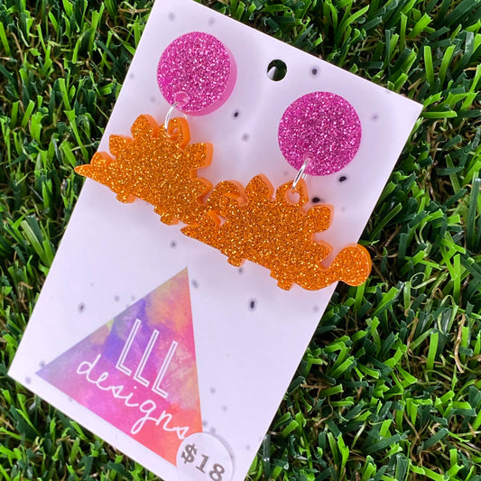 Stegosaurus Dinosaur Dangle Earrings in Glitter Orange Acrylic