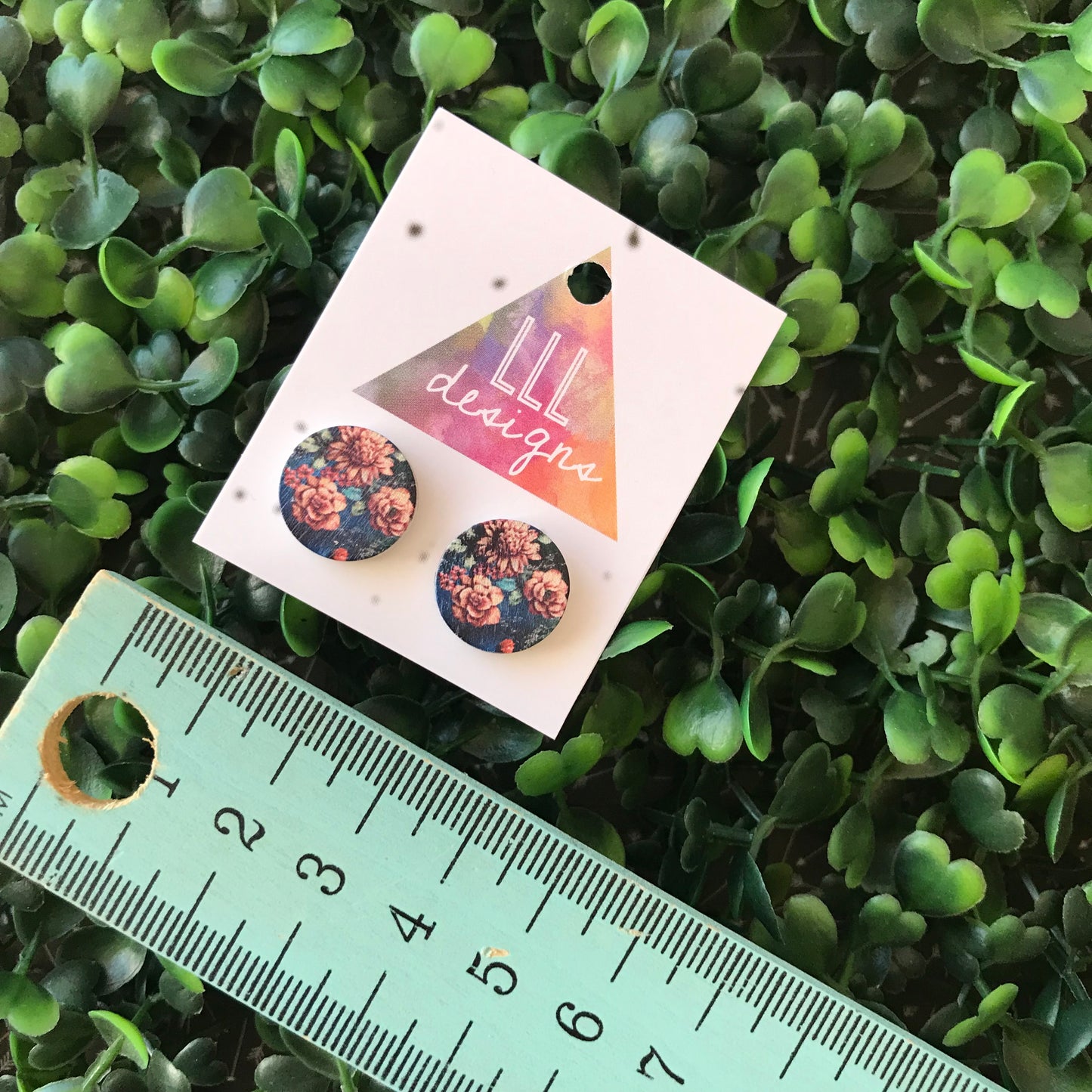 Navy Blue Floral Trio Printed Timber Stud Earrings.