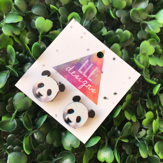 Printed Timber Panda Stud Earrings. Animal Earrings.