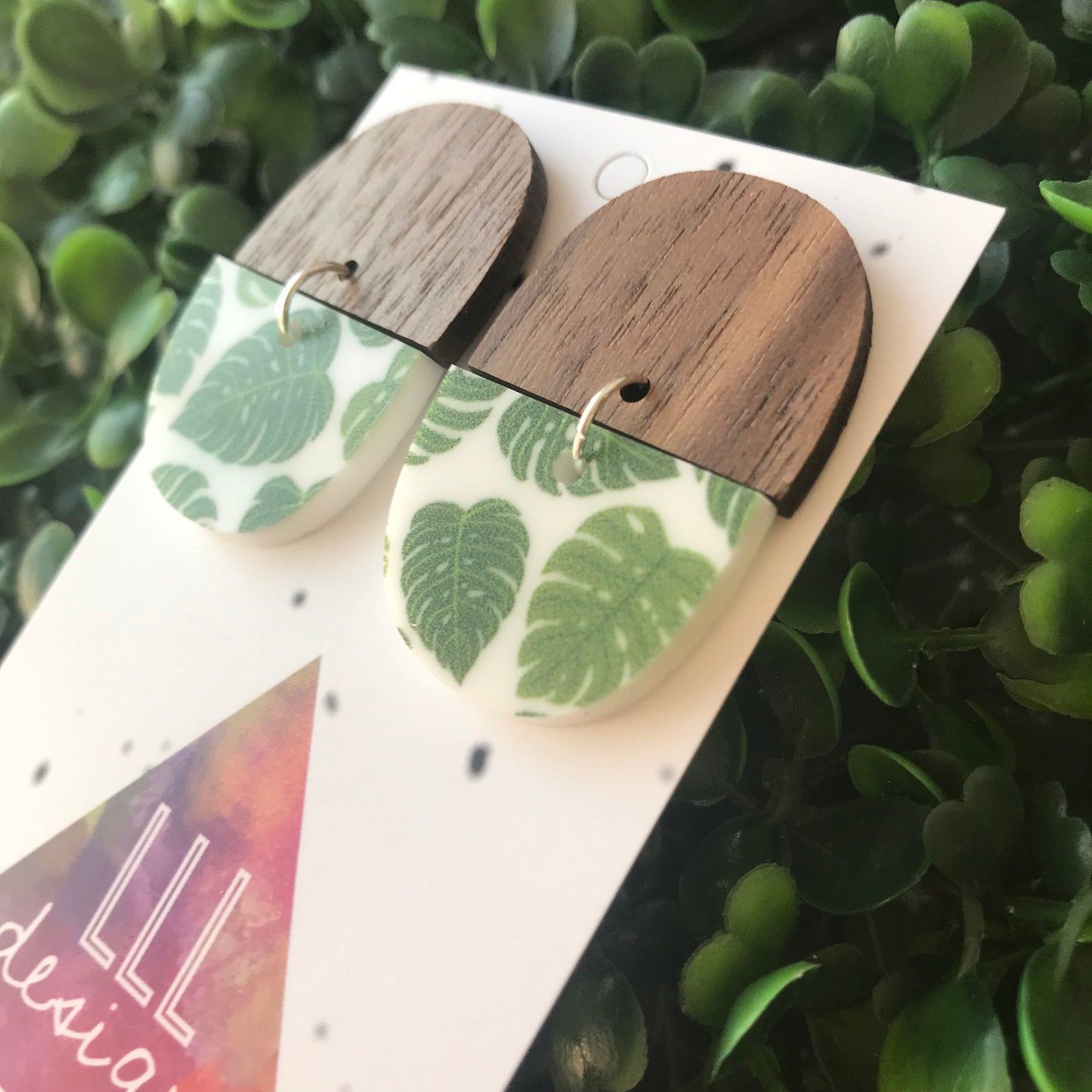 Walnut and Monstera Dangle Earrings. Timber and Acrylic Earrings.