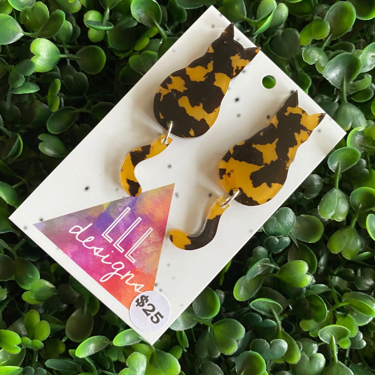 Tortoise Shell Cat Earrings - Sitting Pretty Kitty Earrings with Dangle Tails (large)