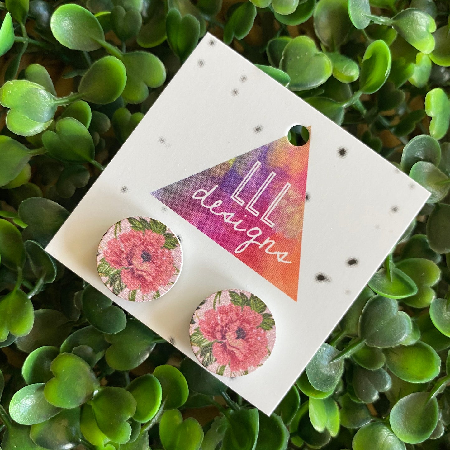 Pink Floral Printed Timber Stud Earrings.