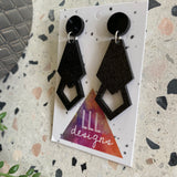Art Deco Inspired Glitter Black Dangle Earrings.