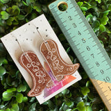 Cowboy Boot Earrings. Acrylic Cowboy Boot Statement Hoop Earrings. Featuring a Reversible Brown to Copper Glitter Piece.