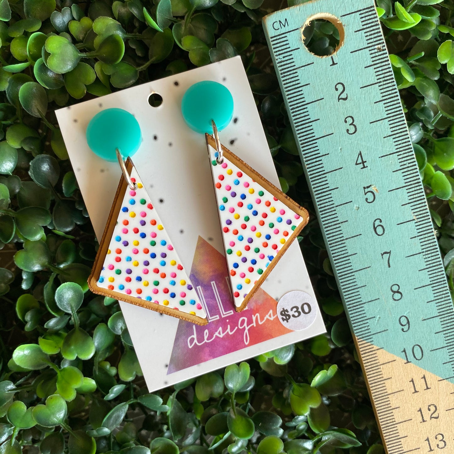 Fairy Bread Statement Dangle Earrings - Hand Painted Acrylic and Timber Earrings. With Mint Tops.