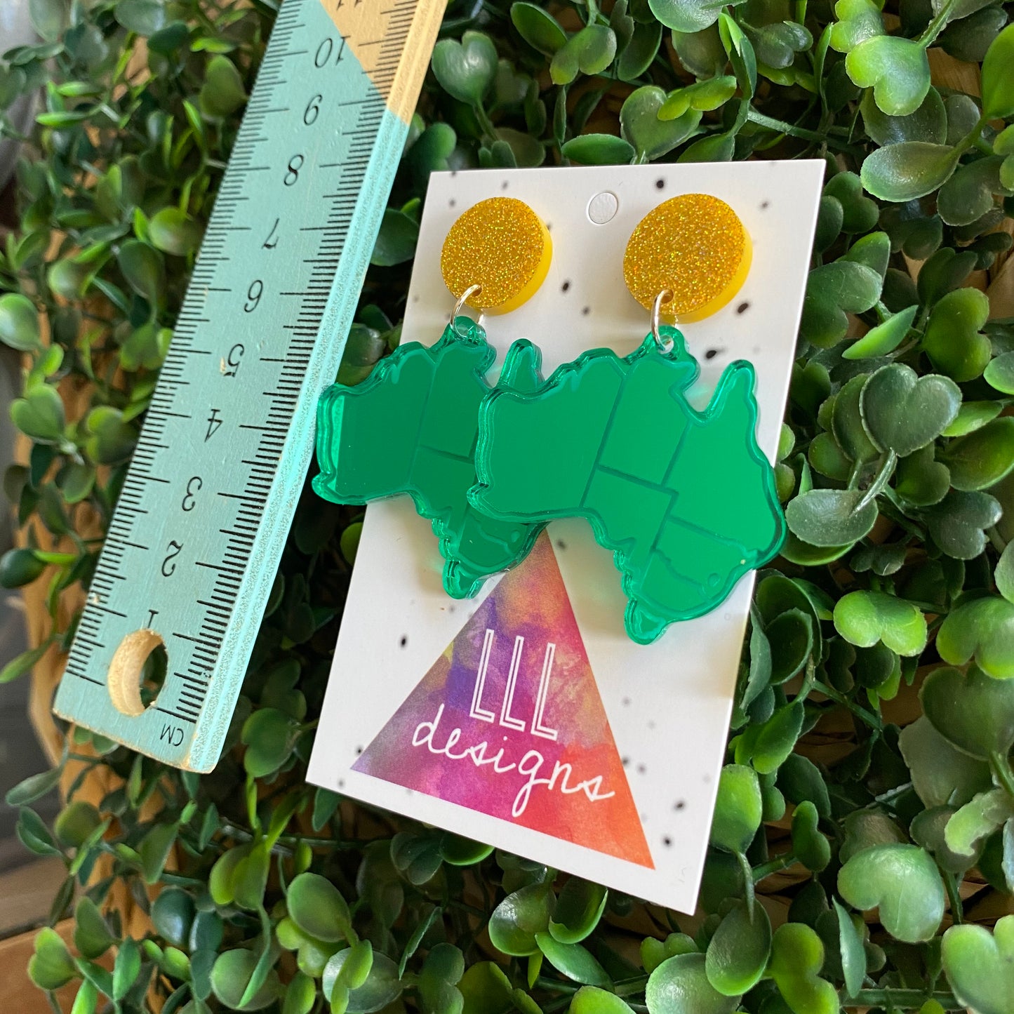 Australian Map Earrings. Green Mirror Australian Map Dangle Earrings with Glitter Gold Tops.