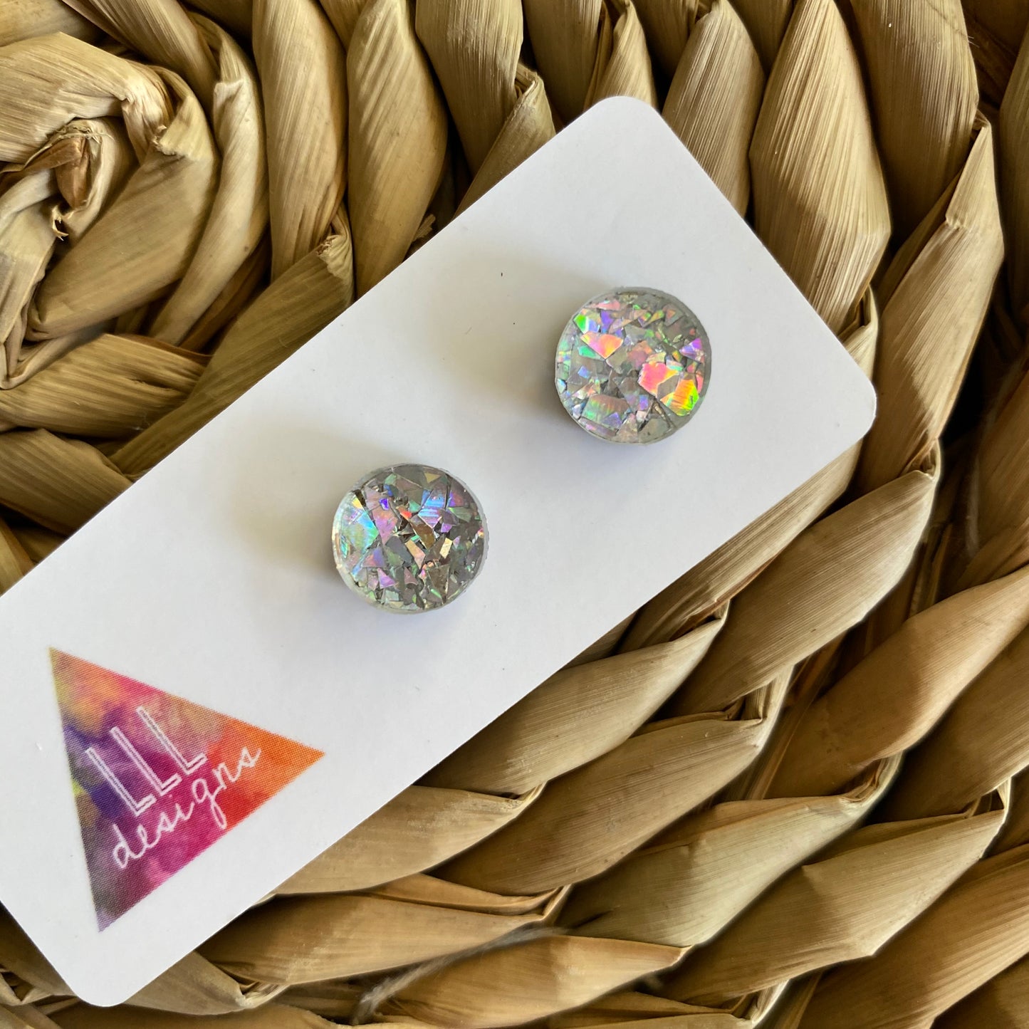 Circle Earrings. Holographic Silver Shatter Circle Stud Earrings.