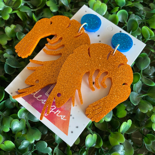 Prawn Dangle Earrings. Mega Orange Glitter Prawn Dangle Statement Dangle Earrings with Blue Glitter Tops.