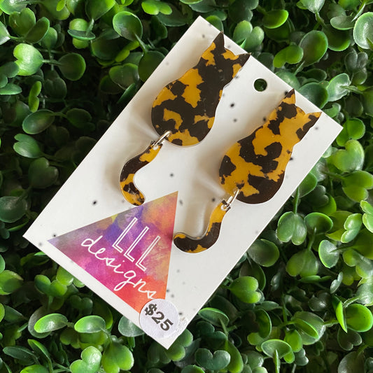 Tortoise Shell Cat Earrings - Sitting Pretty Kitty Earrings with Dangle Tails (large)