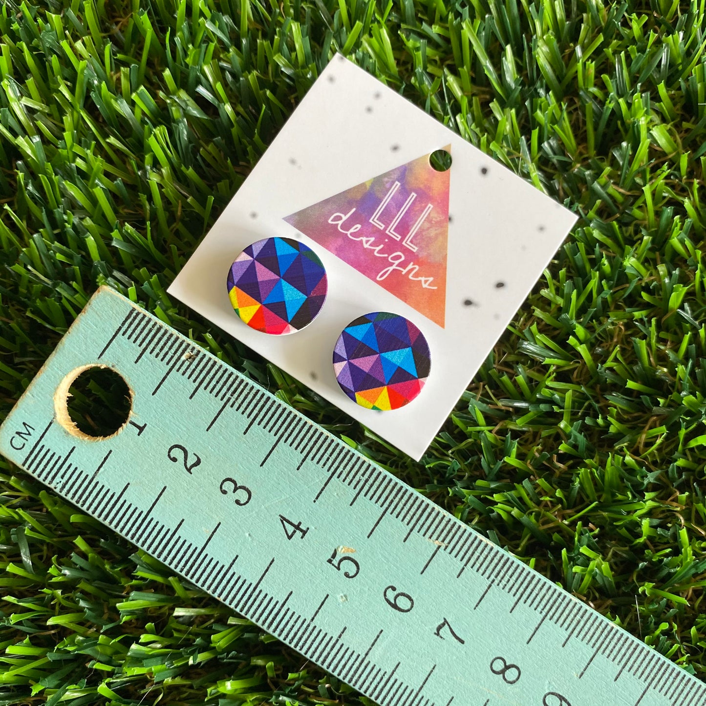A Rainbow of Colour in these Geometric Printed Timber Stud Earrings.