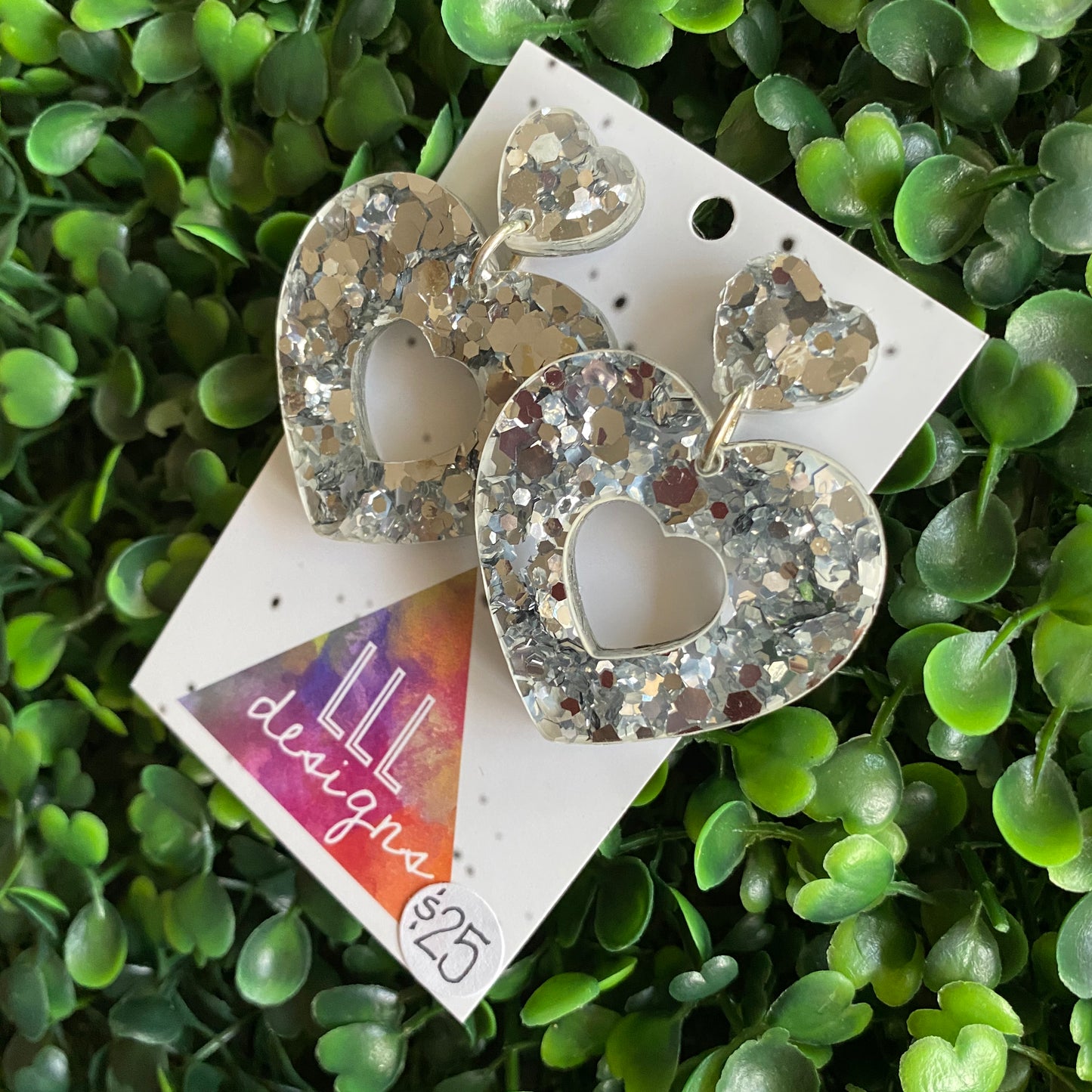 Silver Confetti Love Heart Dangle Earrings. All Kinds of Sparkle & Magical Love!