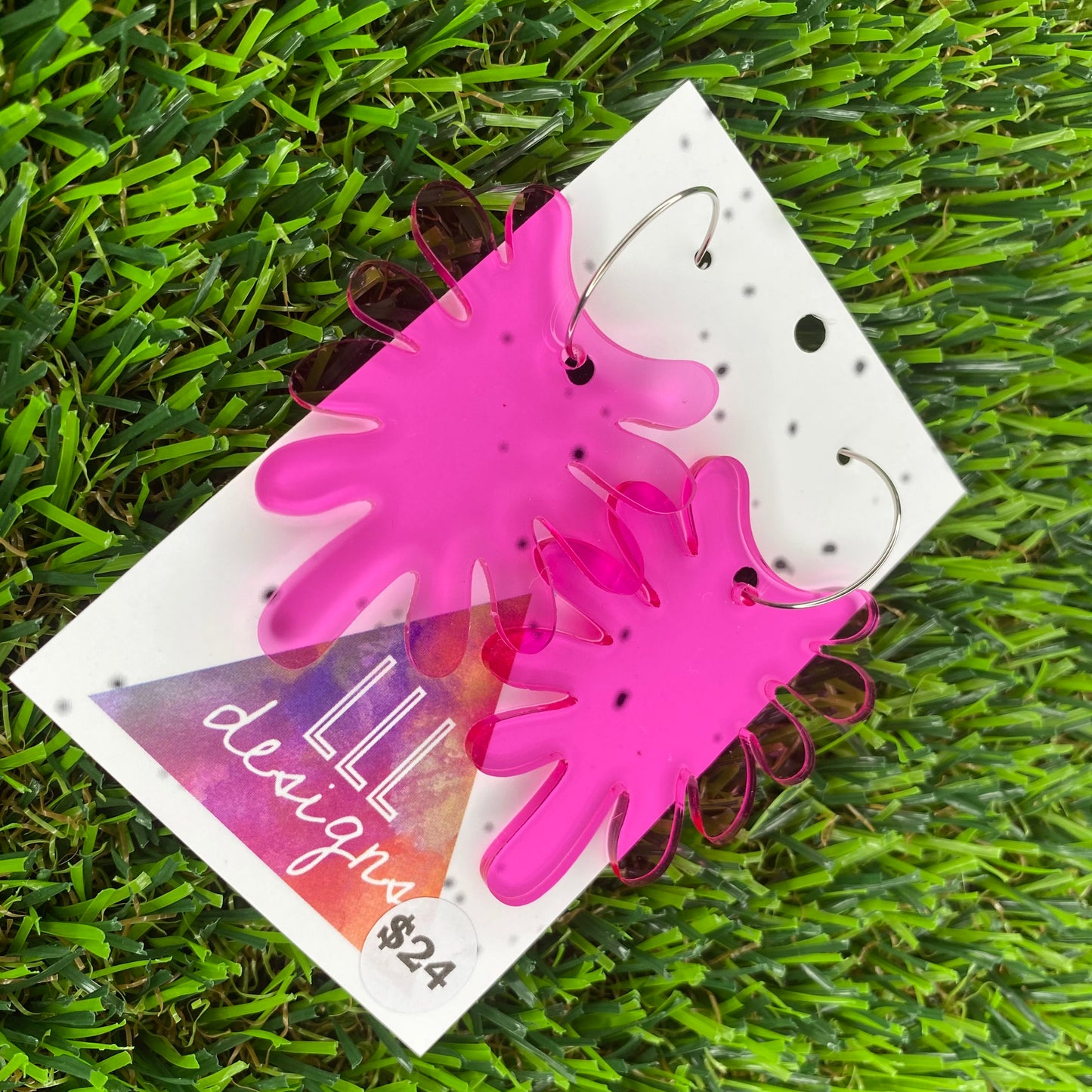 Hot Pink Translucent Splatter Hoop Earrings.