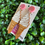 Ice Cream Earrings. Hand Painted Timber - Soft Serve Ice Cream - Statement Dangle Earrings. Featuring Pink Glitter Tops.