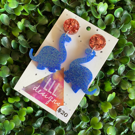 Dinosaour Earrings. Brontosaurus Glitter Blue Statement Dangle Statement Dangle Earrings with Dusty Rose Pink Tops.