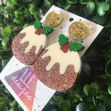 Christmas Pudding Dangle Earrings - Featuring Dazzling Metallic Gold Tops.