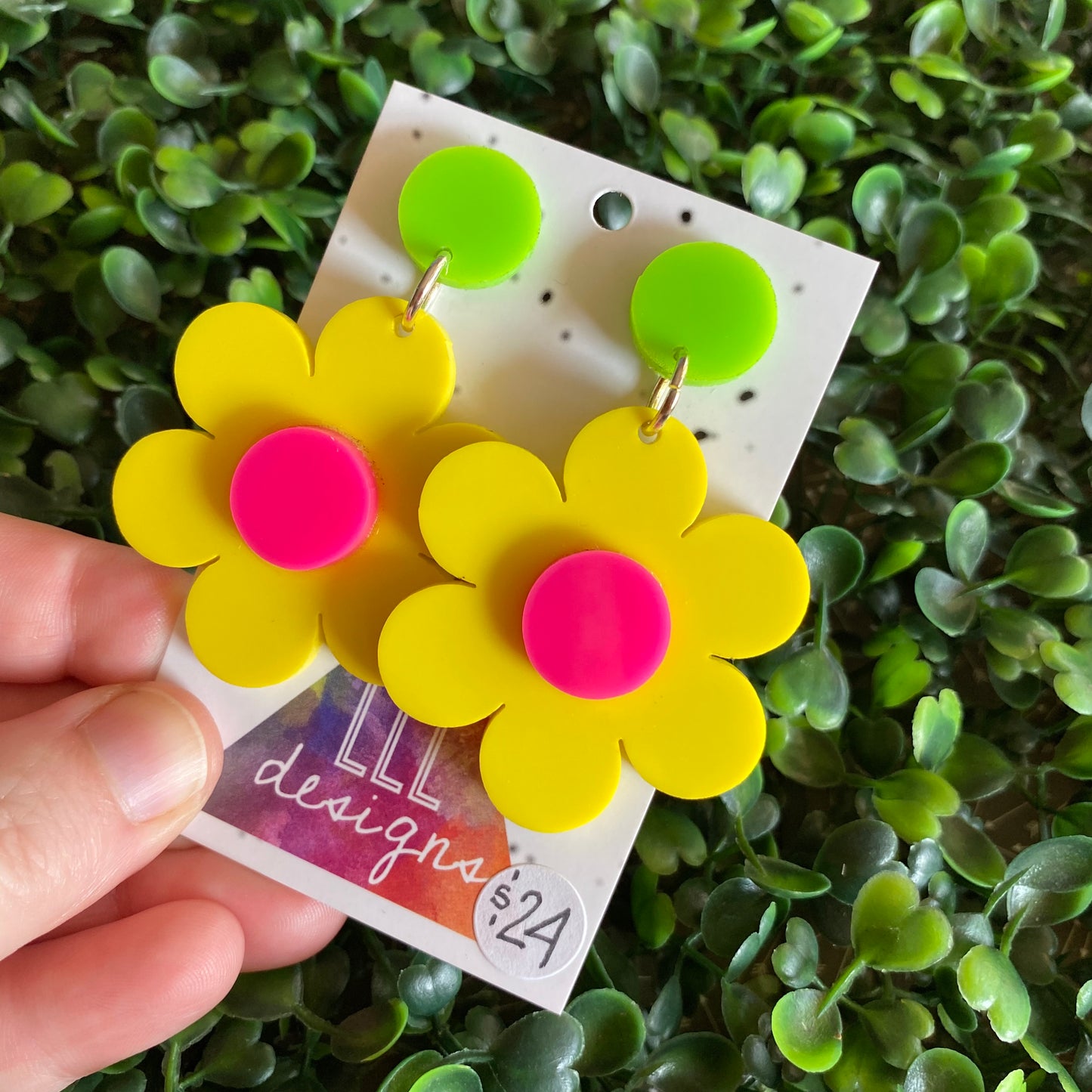 Flower Earrings - Flower Power Statement Dangle Earrings. Fabulous Yellow and Pink Flowers with Green Tops.